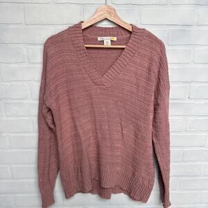 C&C California Pink Knit 100% Cotton Pullover Ribbed Vneck Sweater -sz L